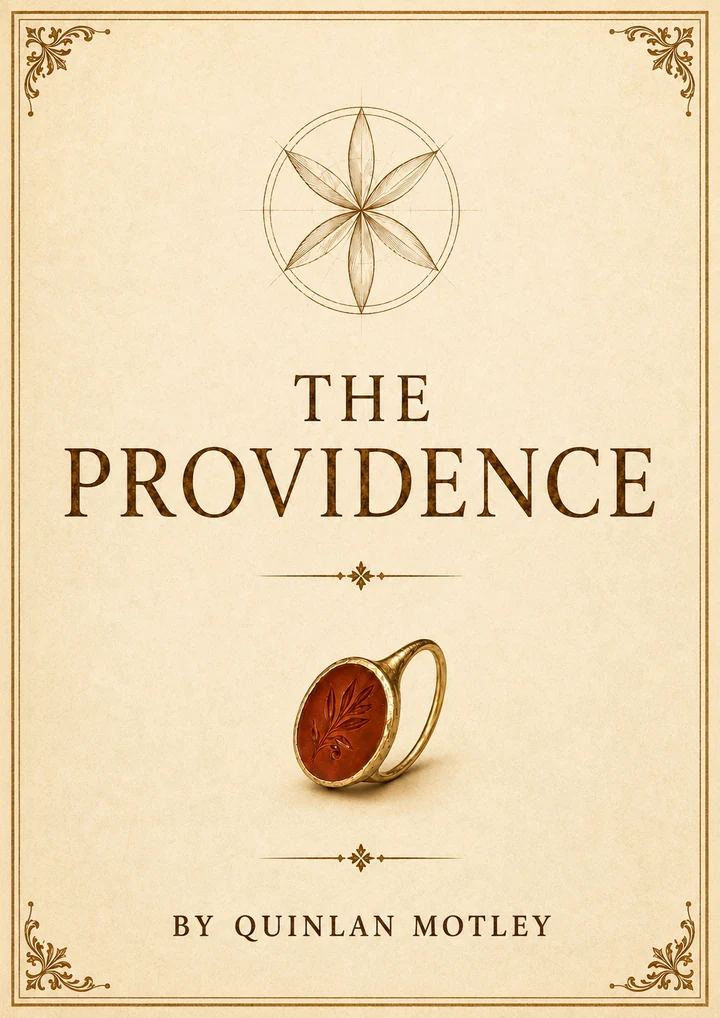 Cream antique style cover for The Providence by Quinlan Motley, framed with brown corner ornaments and featuring a six petal botanical emblem above a gold signet ring with an amber seal.